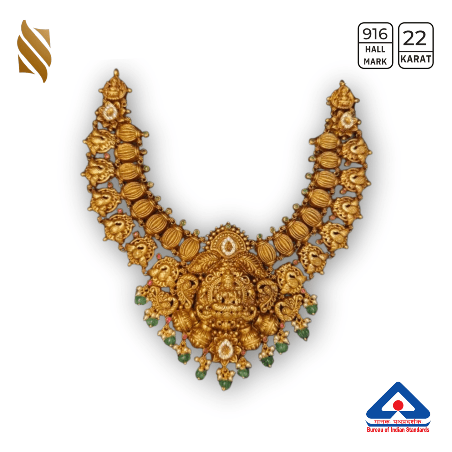 24K gold antique temple necklace with intricate traditional design, featuring detailed craftsmanship from Sardar Jewellers.