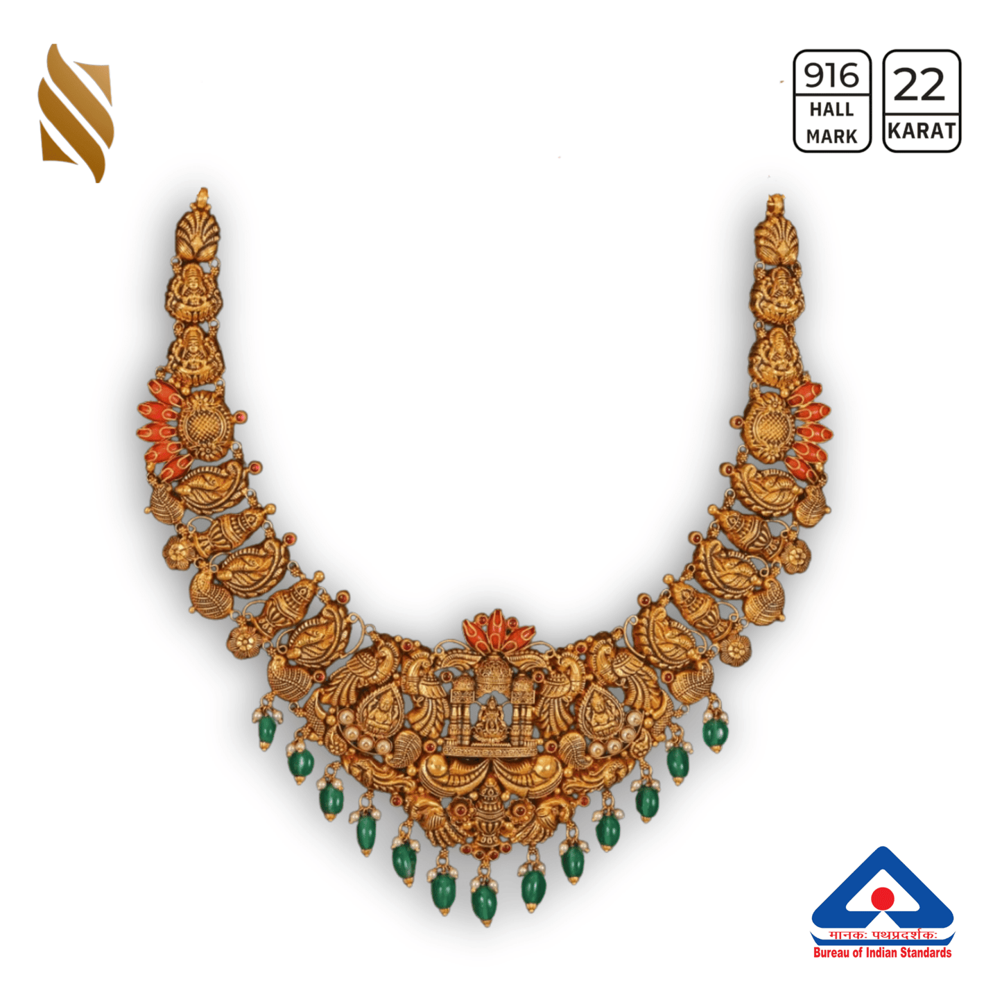 Gold antique temple necklace in 22K gold with intricate traditional design, showcasing detailed craftsmanship from Sardar Jewellers.