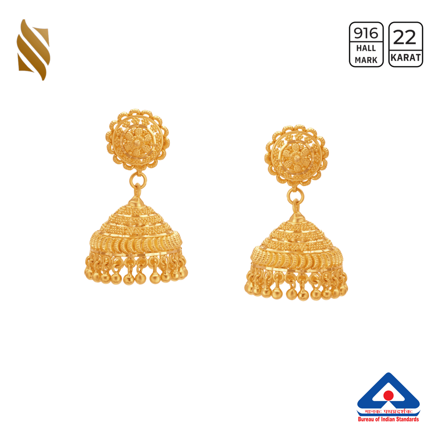 22k gold Jhumki earrings with intricate traditional design, crafted by Sardar Jewellers for elegant ethnic style