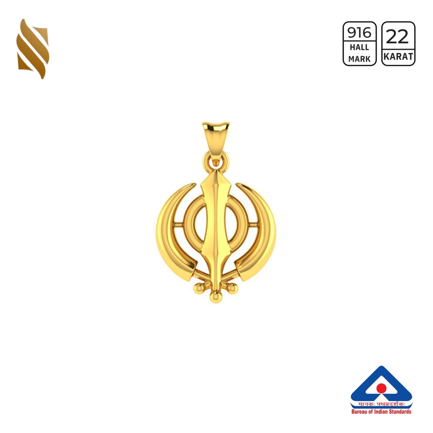 Gold Khanda pendant featuring religious symbols, crafted by Sardar Jewellers in 22k gold.