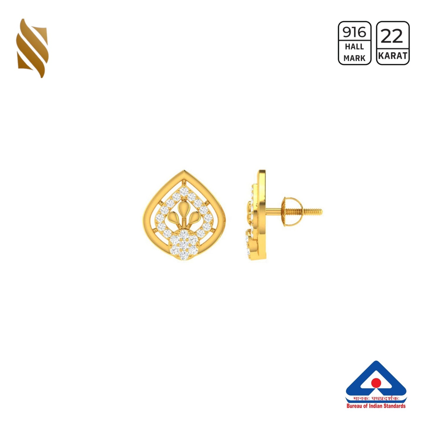 Gold studded earrings with pear-shaped design from Sardar Jewellers, featuring intricate gold detailing and a polished finish.