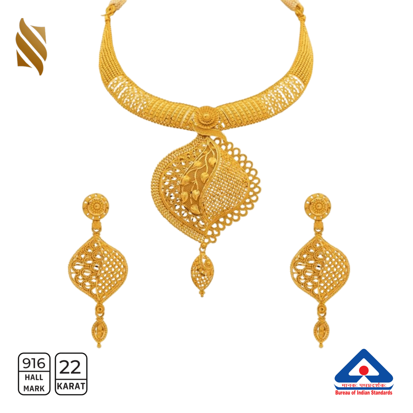 22k gold necklace with matching earrings, featuring intricate design and traditional craftsmanship by Sardar Jewellers.