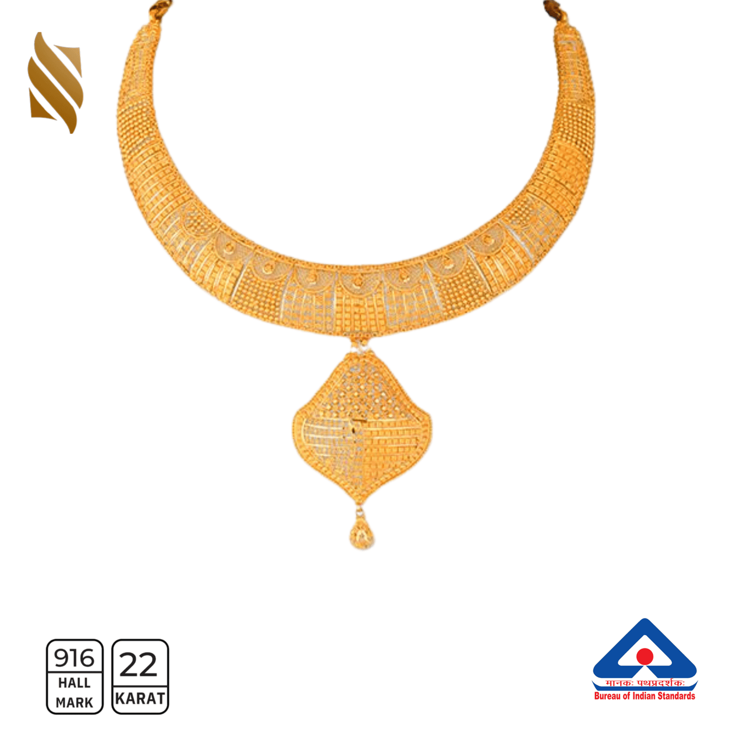 Elegant 22k gold necklace with matching earrings, crafted by Sardar Jewellers, featuring intricate traditional design.