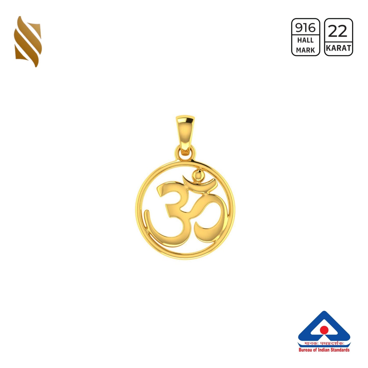 22k gold Om pendant featuring religious symbol, crafted by Sardar Jewellers, with intricate design and polished finish.