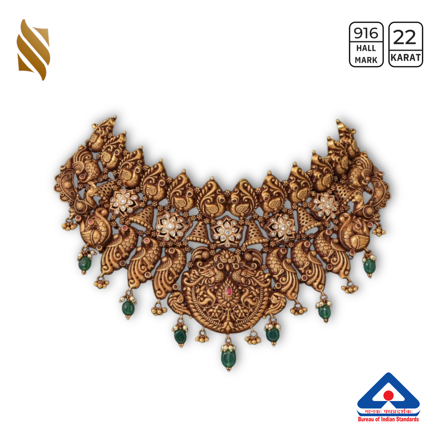 Gold Antique Temple Necklace with Jhumki