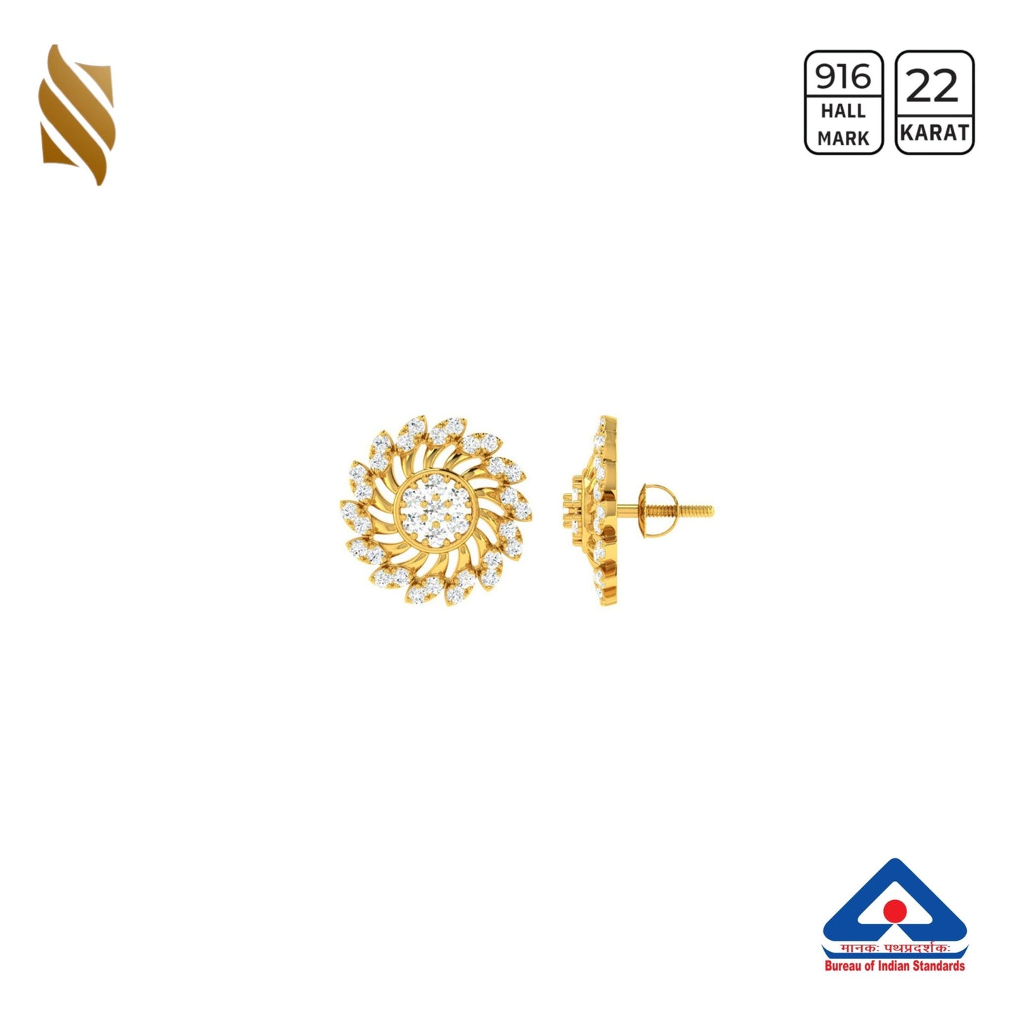 Gold studded floral earrings by Sardar Jewellers, showcasing intricate gold design with floral pattern and studded accents.
