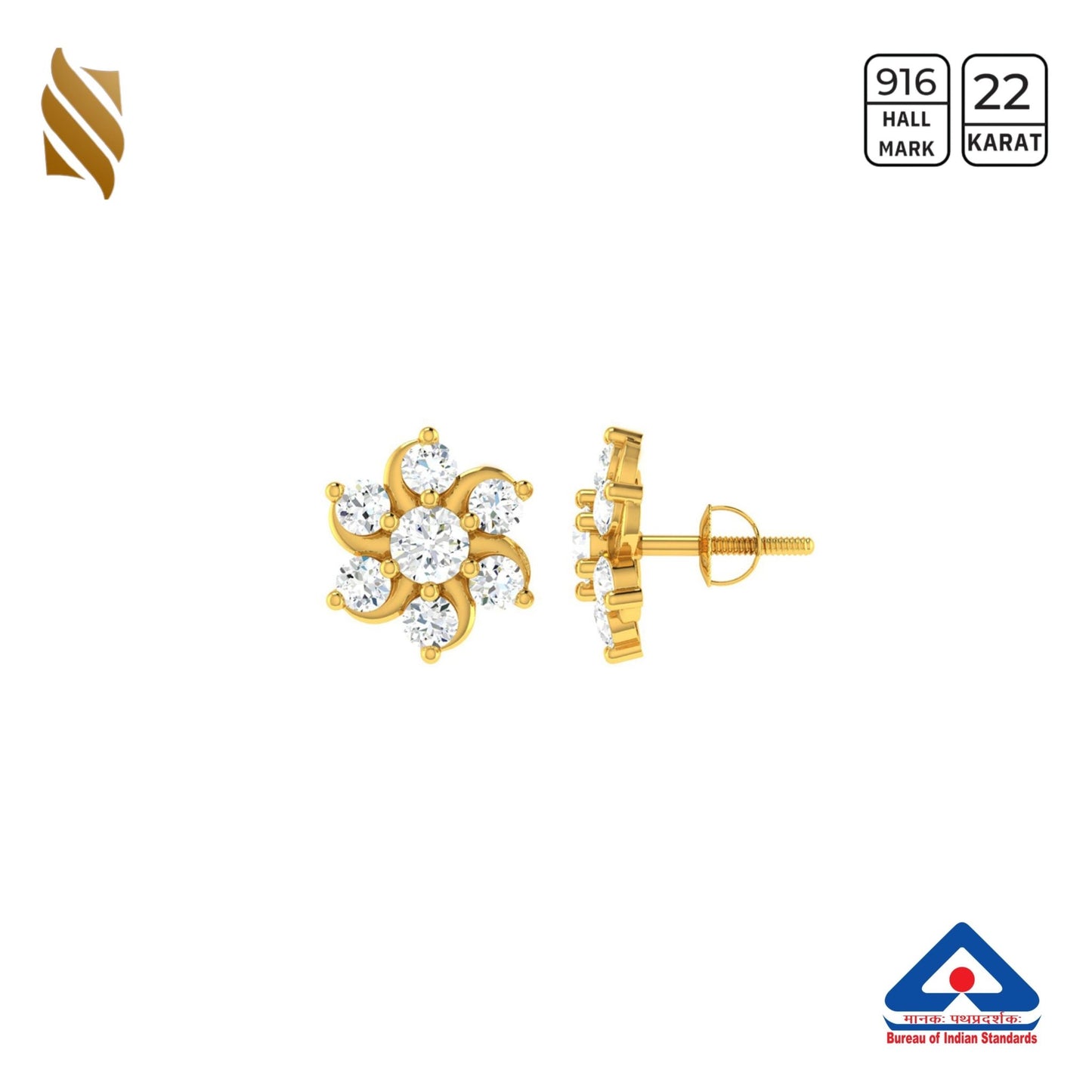 22k gold studded earrings for women with Nakshatra design, featuring intricate gold detailing and elegant craftsmanship.