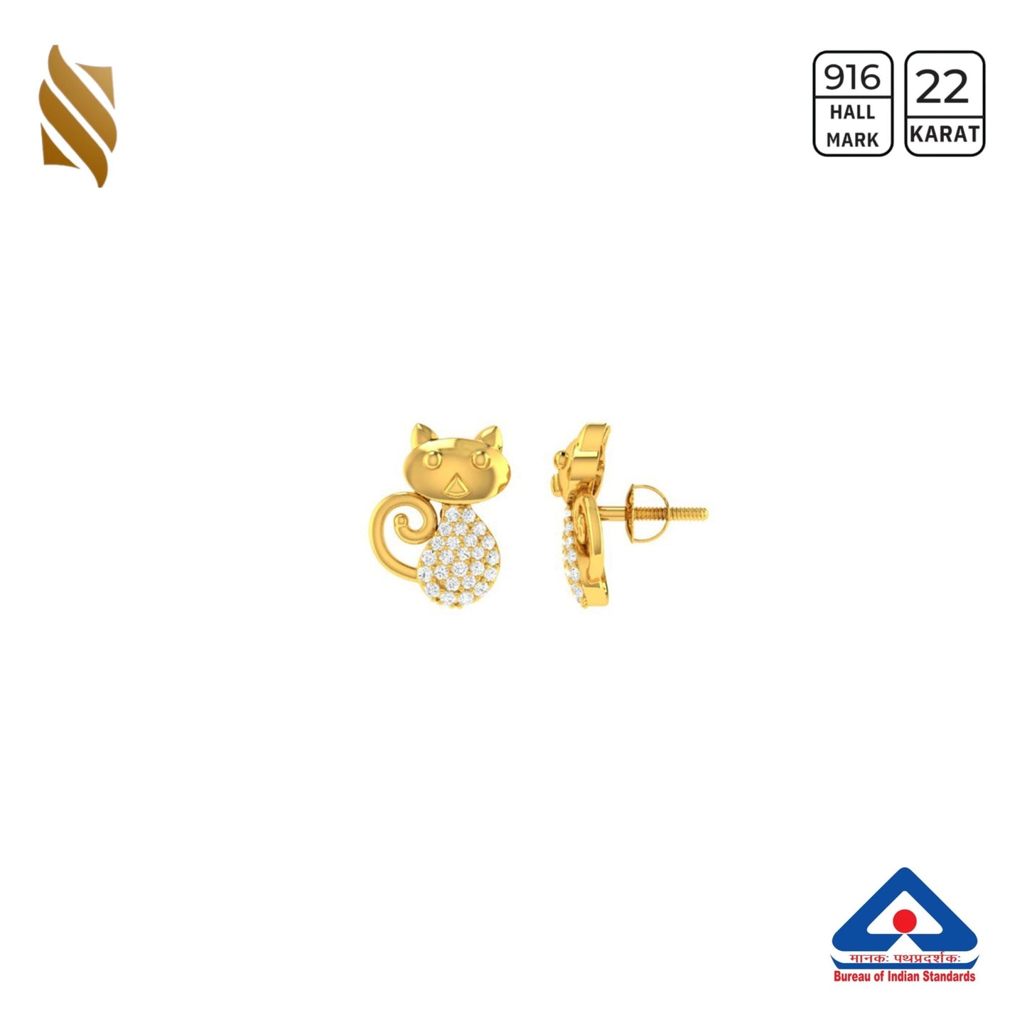 Gold kids' earrings featuring adorable cat design by Sardar Jewellers, perfect for young children.