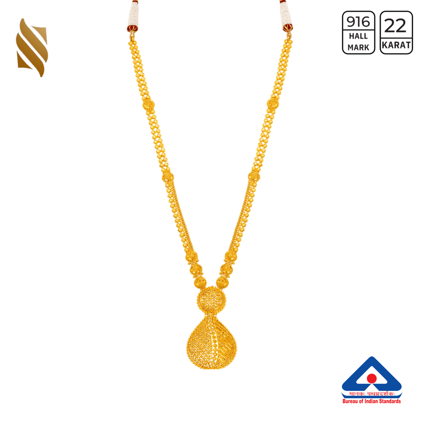 22k gold long necklace with matching earrings, featuring intricate design from Sardar Jewellers.