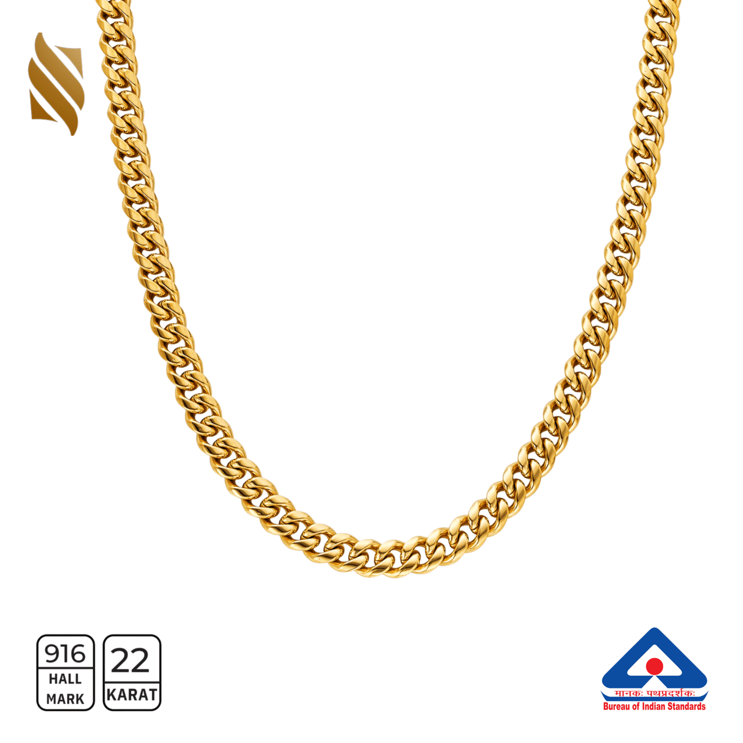 Men's Cuban gold chain in 22k gold with a polished finish, featuring a classic Cuban link design from Sardar Jewellers.