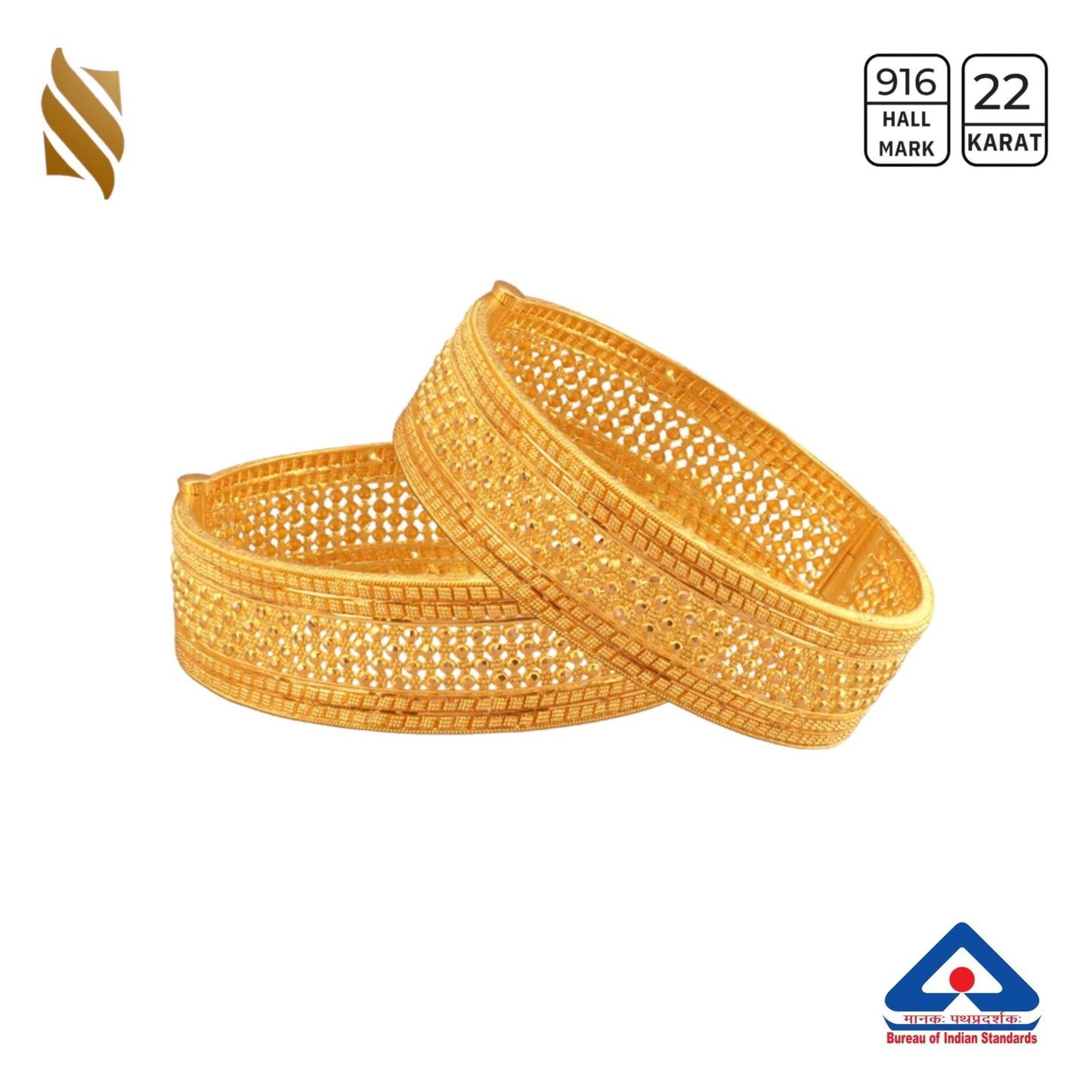 22k gold Kara bangles from Sardar Jewellers, showcasing traditional Indian jewelry with intricate gold designs.