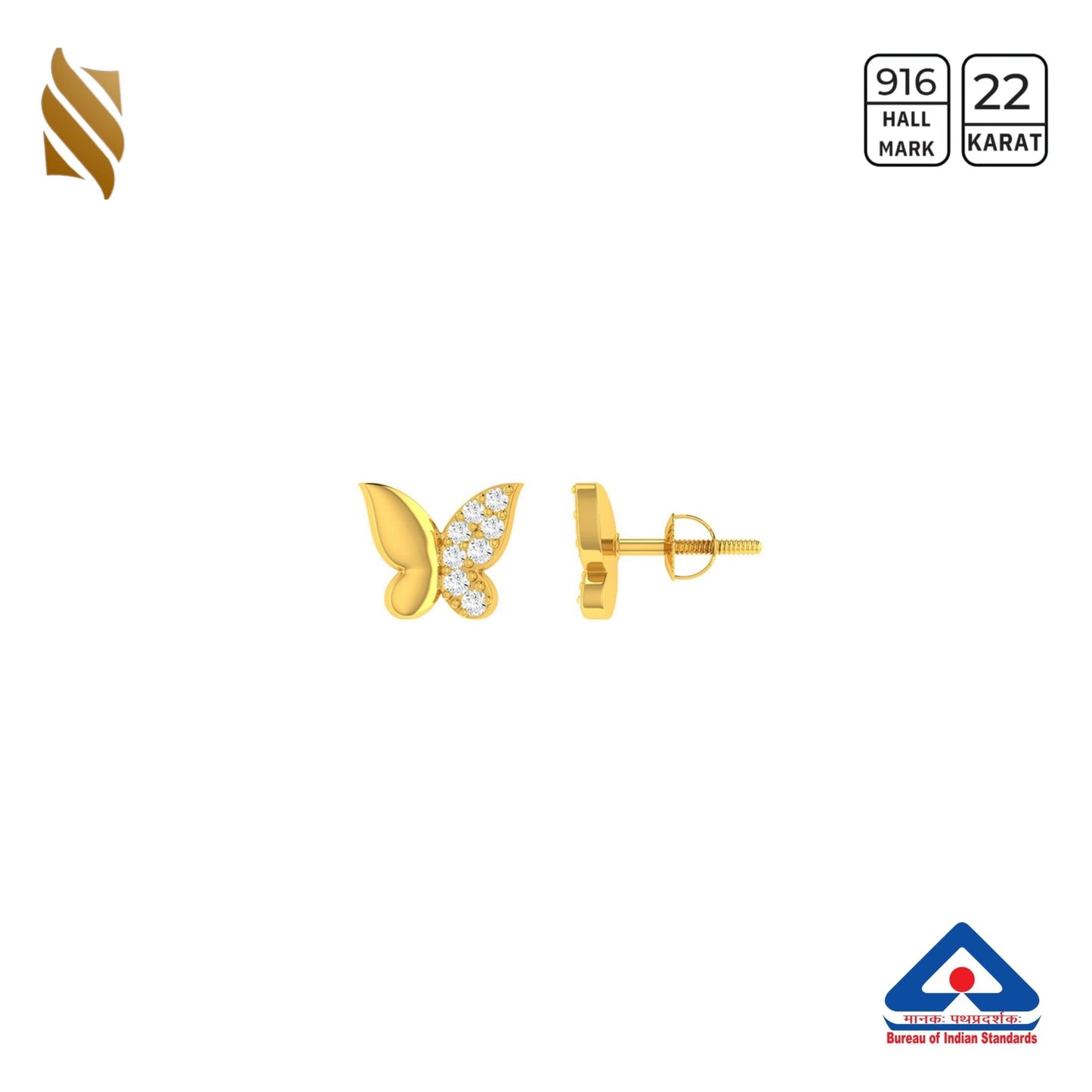 Kids gold butterfly earrings in 22k gold, featuring delicate butterfly design for children’s jewelry by Sardar Jewellers.