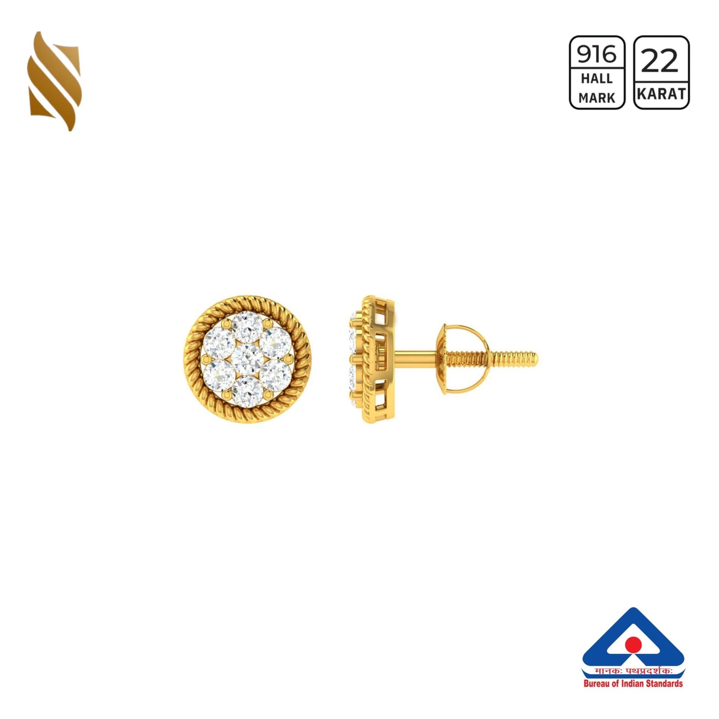Small gold studded earrings in 22k gold with subtle studded design, perfect for everyday wear by Sardar Jewellers.