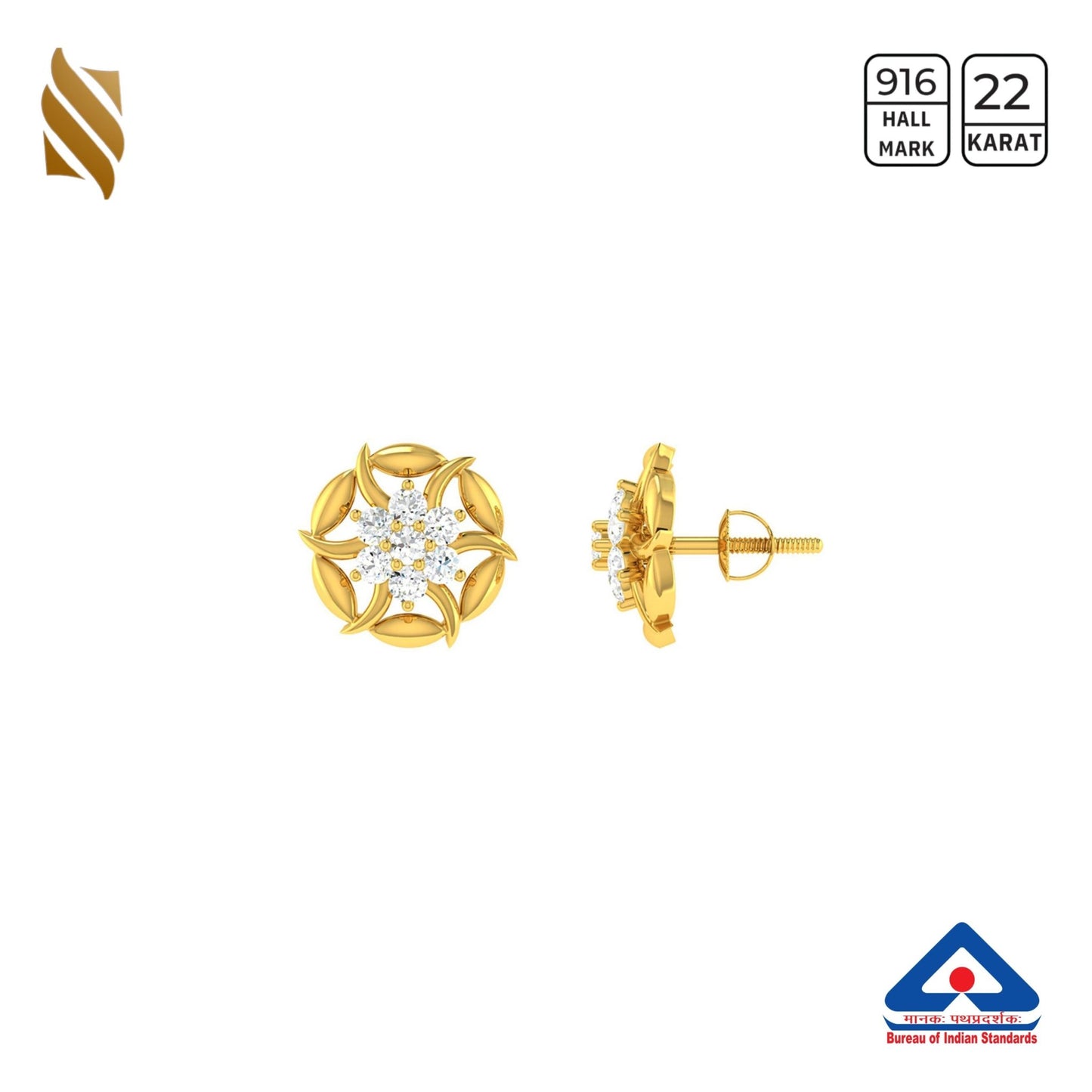 Gold floral studded earrings for women, 22k gold with intricate floral design by Sardar Jewellers.