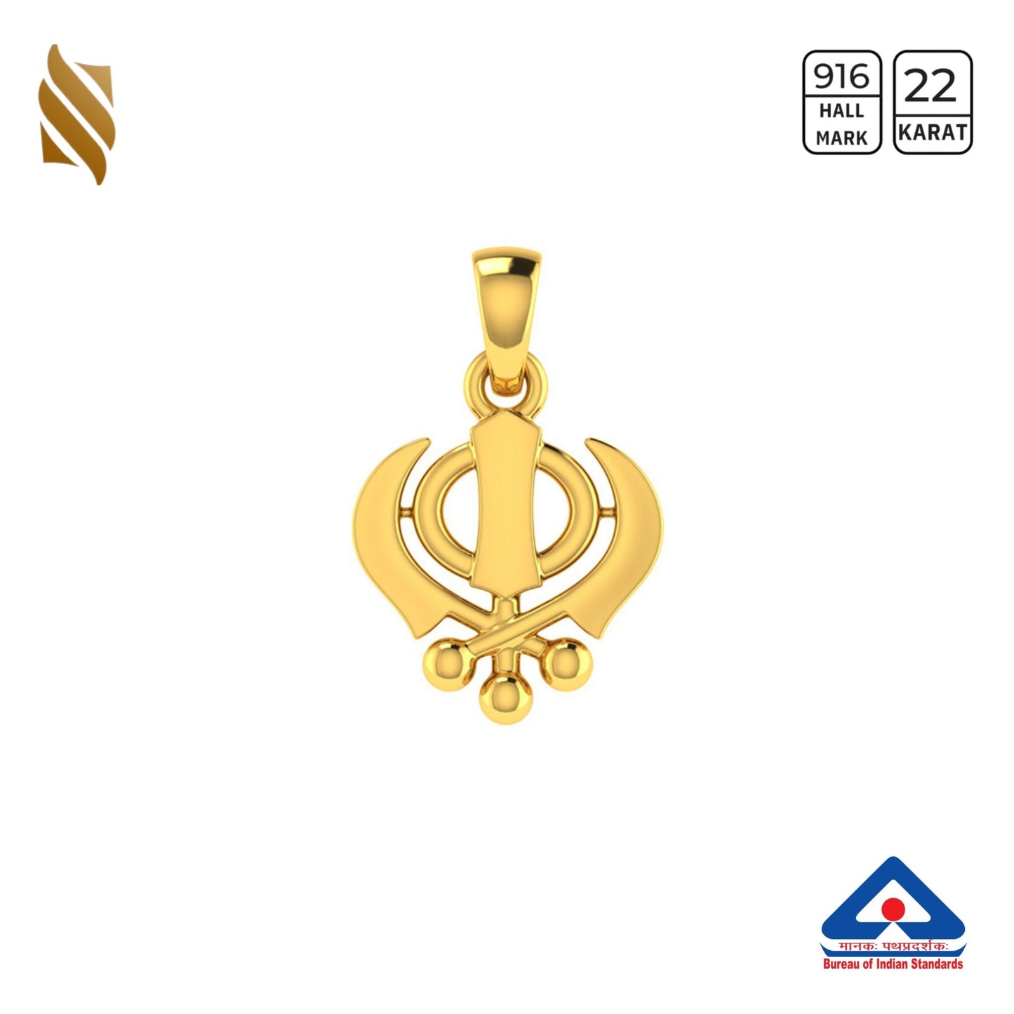 Gold Khanda pendant with religious symbols from Sardar Jewellers, featuring intricate design and traditional craftsmanship.