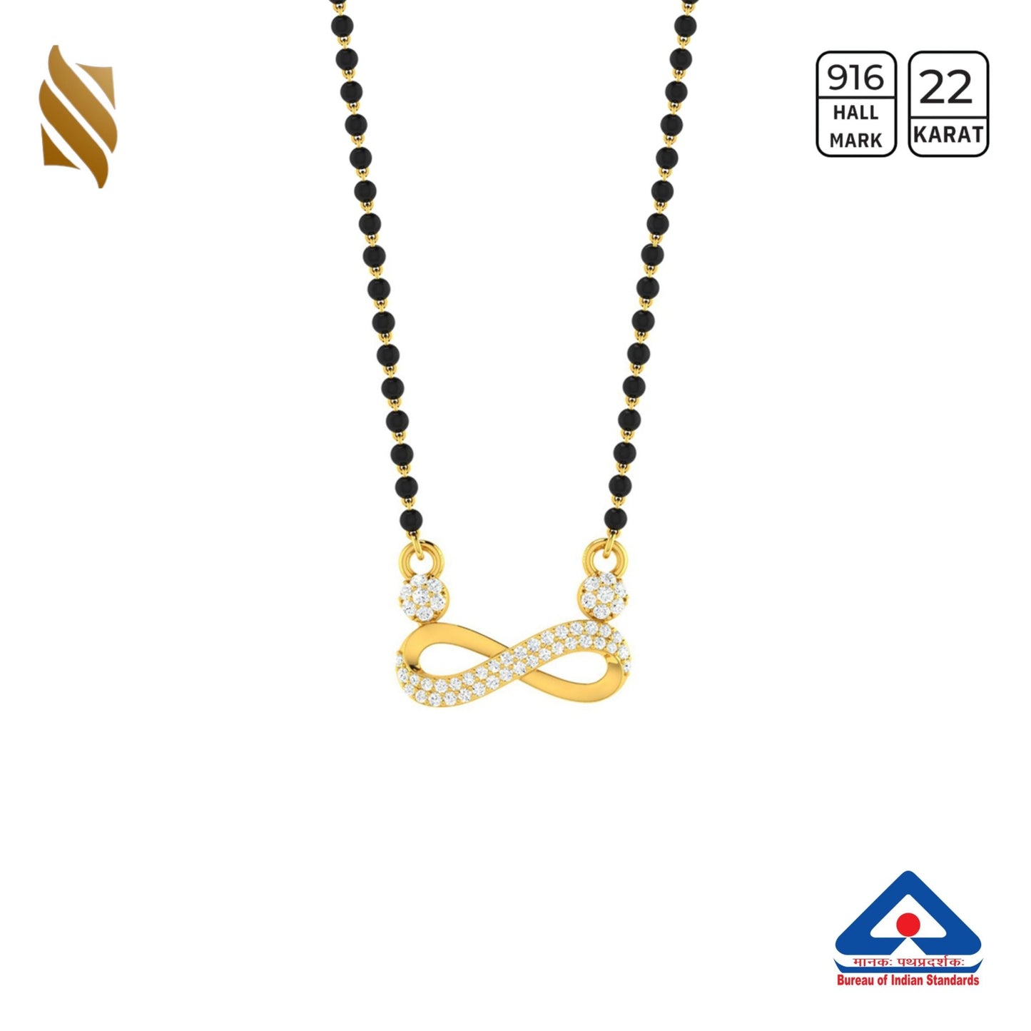 Gold Mangalsutra with infinity pendant from Sardar Jewellers, featuring a 22k gold chain and elegant design.